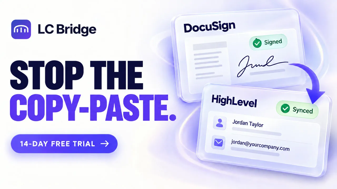 DocuSign and LeadConnector connected by LeadConnector Bridge: send, sync, automate