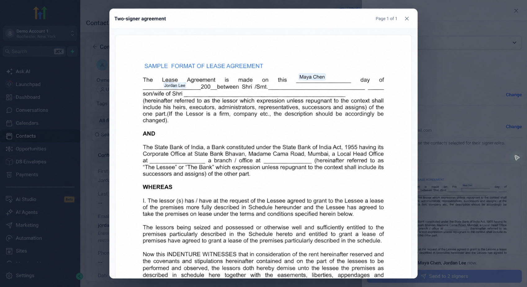 Expanded document preview showing values from both selected signer contacts