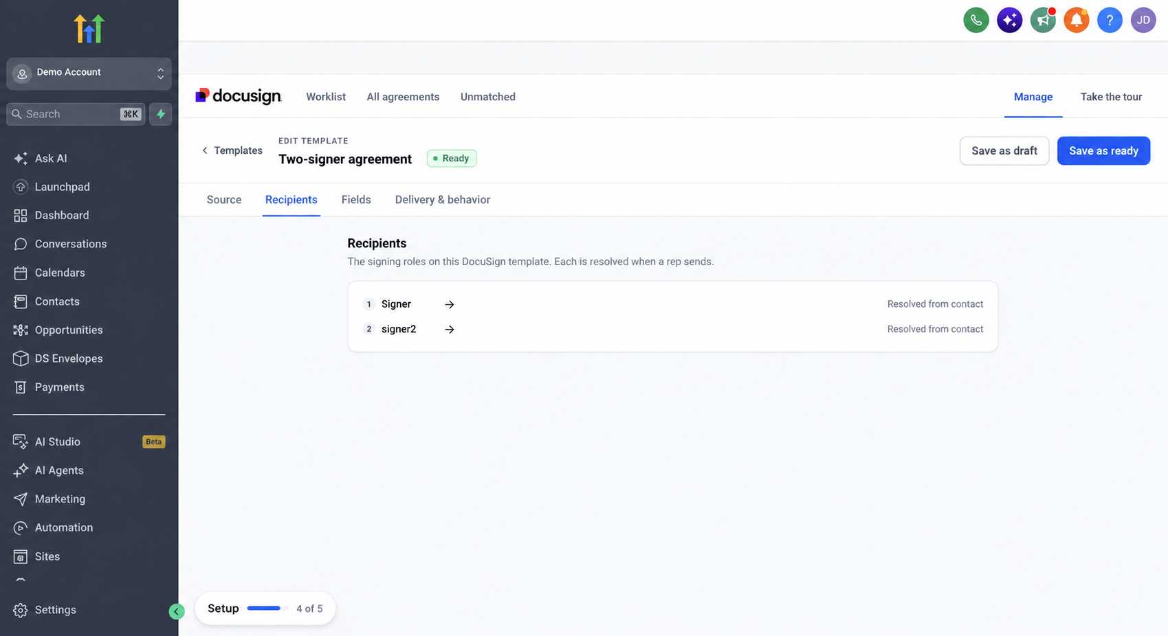 Recipients tab showing Signer and signer2 roles, each resolved from a contact
