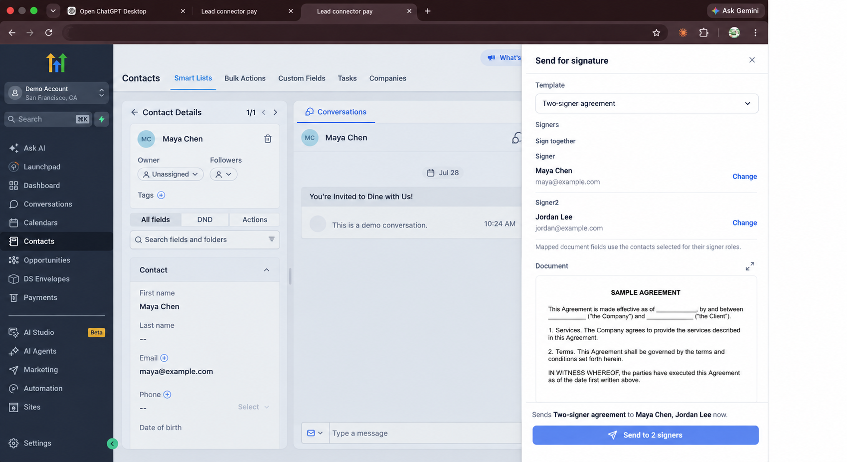 Send for signature sheet with two selected contacts and a document preview